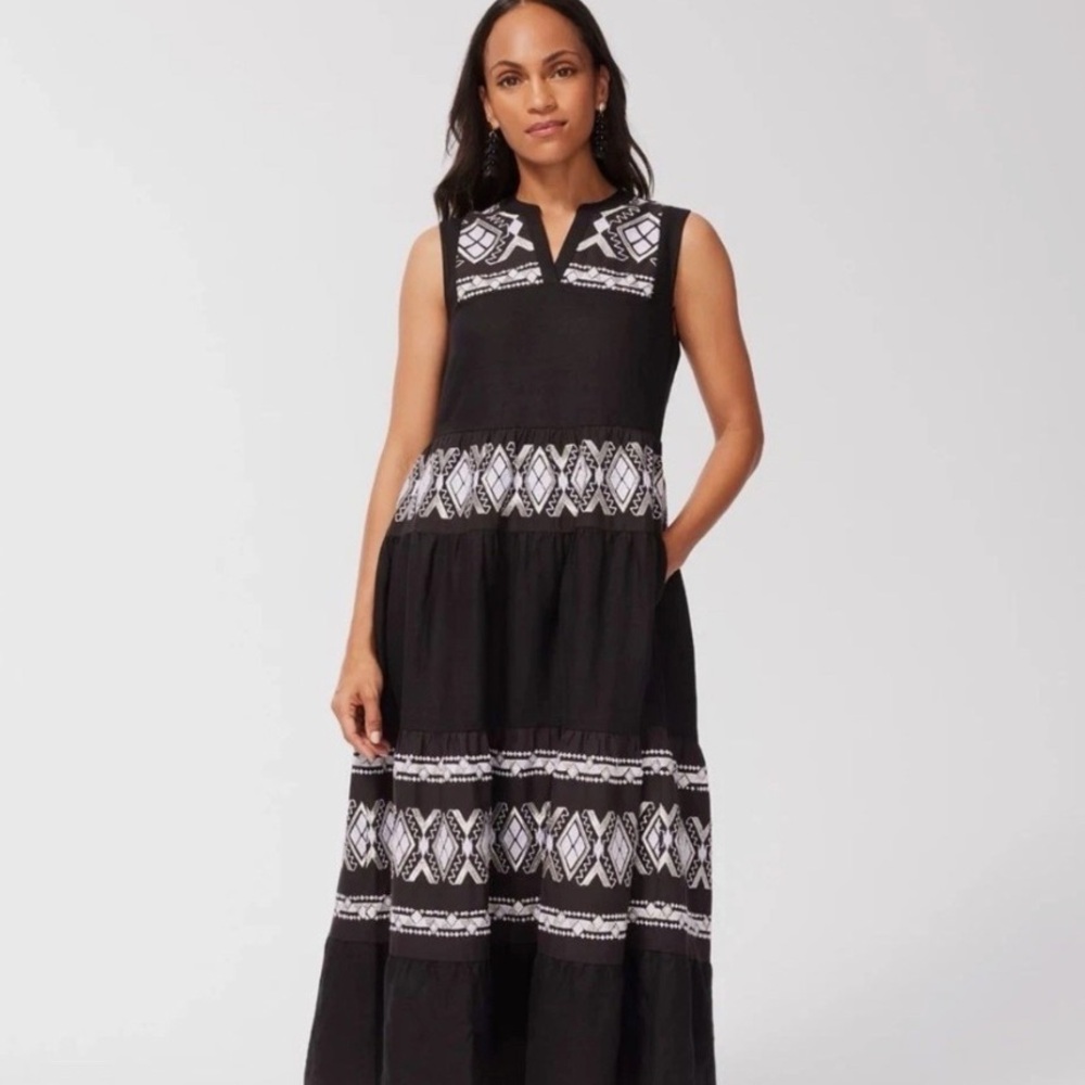 Chicos Embroidered Tiered Linen Maxi Dress